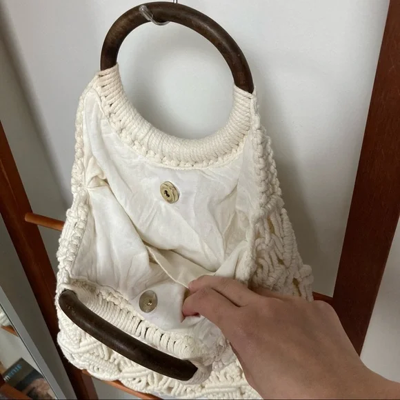 Handmade Vintage Bohemian Wooden Handle Crochet and Canvas Handbag - Picture 4 of 5